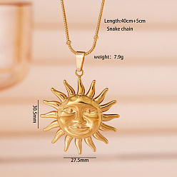 Smiling Face 304 Подвески-солнце из нержавеющей стали для женщин, реальный 18 k позолоченный, улыбающееся лицо, 15.75 дюйм (40 см), Кулон : 30.5x27.5 мм