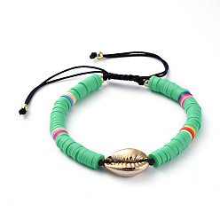 Spring Green Adjustable Nylon Cord Braided Bead Bracelets, with Polymer Clay Heishi Beads, Electroplated Cowrie Shell Beads and Brass Round Beads, Spring Green, 2 inch~3-1/2 inch(5~9cm)