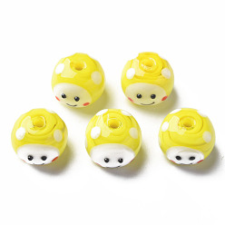 Gelb Manuell Murano Glas Perlen, rund mit Cartoon-Gesicht, Gelb, 13~14x10 mm, Bohrung: 2 mm
