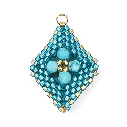 Темно-Голубой Подвески из граненой круглой синтетической бирюзы и стеклянных бусин ручной работы, ромб прелести, золотые, глубокое синее небо, 31x23.5x8 мм, отверстие : 2.5 мм