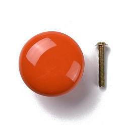 Orange Red Round-shaped Porcelain Cabinet Door Knobs, Kitchen Drawer Pulls Cabinet Handles, with Iron Screws, Orange Red, 28x38mm