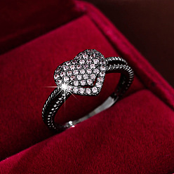 Розовый Кольца для женщин с микропаве из латуни и кубическими цирконами, сердце, металлический черный , туманная роза, размер США 9 (18.9 мм)