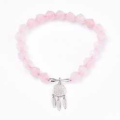Rose Quartz Natural Rose Quartz Beads Charm Bracelets, with Brass Findings, Woven Net/Web with Feather, 2 inch(5.2cm), Pendant: 24x10.5x2mm