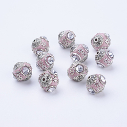 Pink Handmade Indonesia Round Beads, with Glass Cabochons and Antique Silver Metal Color Double Alloy Cores, Pink, 14~15x15~16mm, Hole: 2mm