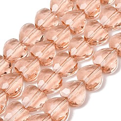 Light Salmon Transparent Glass Beads Strands, Heart, Faceted, Light Salmon, 10x10x4.5mm, Hole: 1mm, about 70pcs/strand, 25.83''(65.6cm)