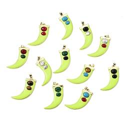 Зелено-Желтый Природные и синтетические смешанные подвески драгоценных камней, латунные эмалированные подвески в виде рога, реальный 18 k позолоченный, долговечный, стойки покрытие, без свинца и без кадмия, смешанные окрашенные и неокрашенные, зеленый желтый, 43x35x6.5 мм, отверстие : 4x3 мм