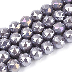 Темно-Серый Нити из непрозрачных круглых бусин из стекла с покрытием цвета AB, граненые, темно-серый, 7.5~8.5x7~7.5 мм, отверстие : 1.2~1.6 мм, около 25~26 шт / нитка, 6.89~7.48'' (17.5~19 см)