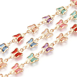 Light Gold Латунные цепочки-бабочки ручной работы, со стеклом, пайки, с катушкой, золотой свет, 11x7x2 мм, около 16.40 футов (5 м) / рулон