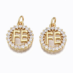 Real 16K Gold Plated Brass Micro Pave Clear Cubic Zirconia Pendants, with Jump Rings, Nickel Free, Ring with Word FE, Real 16K Gold Plated, 16x13x3mm, Hole: 3mm