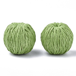 Lime Green Handmade Paper Woven Beads, with Wood Inside, Imitation Raffia, Round, Lime Green, 25~27x25mm