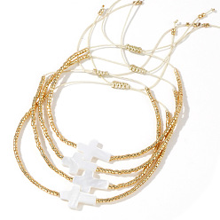Золотистый 4 Набор браслетов из плетеного бисера и стеклянных бусин, украшение в виде креста из натуральной ракушки для женщин, золотые, регулируемый