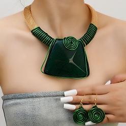 Темно-Зеленый Комплекты из ожерелий с подвесками в форме трапеции из акрила, обмотанных алюминиевой проволокой, и плоских круглых серег-подвесок, темно-зеленый, 400 мм
