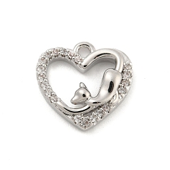 Platinum Brass Micro Pave Cubic Zirconia Pendant, Heart, Platinum, 12x13x3mm, Hole: 1.2mm