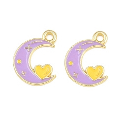 Lila Colgantes de la aleación del esmalte, Luna con dijes de corazón., dorado, lila, 16x13x1 mm, agujero: 1.6 mm