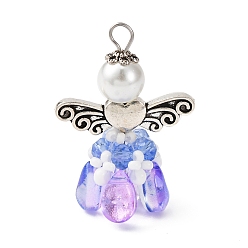 Розовато-лиловый Стеклянные подвески, ангел, с бусинами из сплава и 304 петлей из нержавеющей стали, розовато-лиловый, 33x23.5x11.5 мм, отверстие : 3 мм