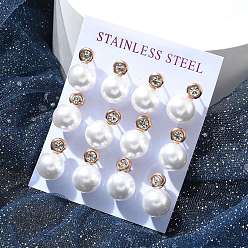 Розовое Золото Ионное покрытие (ip) 304 круглые серьги из нержавеющей стали, С горным хрусталем и имитационной жемчужиной, розовое золото , 18x11.5 мм, 12 шт / комплект