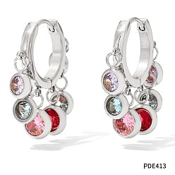 Разноцветный 304 плоские круглые серьги-люстры с кисточками из нержавеющей стали с кубическим цирконием, цвет нержавеющей стали, красочный, 25.6 мм