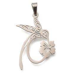 Нержавеющая Сталь Цвет 304 подвески из нержавеющей стали, птица с цветочным шармом, лазерная резка, цвет нержавеющей стали, 33x22x1 мм, отверстие : 6x3 мм