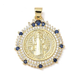 Плоский Круглый Латунные микро проложить кубического циркония подвески, Святой бенедикт, без свинца и без кадмия, долговечный, плоско-круглые, 26x22.5x2 мм, отверстие : 5x3 мм