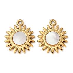 Настоящее золото 18K 304 подвески из натуральной белой ракушки из нержавеющей стали, солнечные чары, ионное покрытие (ip), реальный 18 k позолоченный, 20.5x17.5x2 мм, отверстие : 1.6 мм