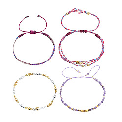 Аметист Регулируемые плетеные браслеты из натуральных аметистовых бусин, нейлоновые многожильные браслеты, внутренний диаметр: 6.89~11.02 дюйм (17.5~28 см)