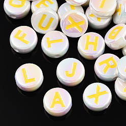 Yellow UV Plating Enamel Acrylic Beads, Iridescent, Mixed Letter, Flat Round, Yellow, 15x7mm, Hole: 2.2mm