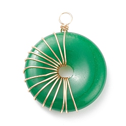 Light Gold Natural Malaysia Jade Connector Charms, with Copper Wire Wrapped, Donut/Pi Disc, Light Gold, 31.5x25x6.5mm, Hole: 3.4mm