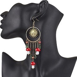 Dark Red Golden 304 Stainless Steel Sun Chandelier Earrings, Lampwork Mushroom & Glass Nuggets Drop Earrings, Dark Red, 116~120x37~40mm