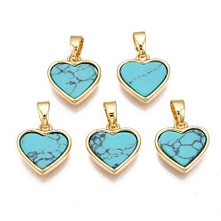 Türkis Echte 18 k vergoldete Messinganhänger, mit Kunst Türkiscabochons, Cadmiumfrei und Nickel frei und Bleifrei, Herz, Türkis, 12x11.5x3 mm, Bohrung: 2.5x5 mm