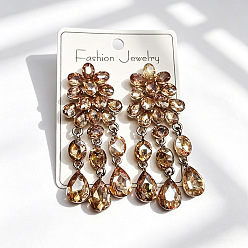 Light Colorado Topaz Alloy Rhinestone Flower Teardrop Stud Dangle Earrings for Women, Golden, Light Colorado Topaz, 65mm
