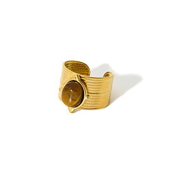 Тигровый глаз 304 Кольца-манжеты из нержавеющей стали с драгоценными камнями, золотые, овальные, внутренний диаметр: 15~20 мм