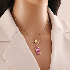 Серо-розавый 304 двухслойные ожерелья из нержавеющей стали с эмалированным глазом и звездой для женщин, золотые, увядшая роза, 15.75 дюйм (40 см)