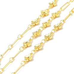 Golden Handmade Brass Flower Link & Paperclip Chains, with Clear Cubic Zirconia, Long-Lasting Plated, Soldered, with Spool, Golden, Link: 9.5x6x1.5mm, 10x2.3x0.5mm