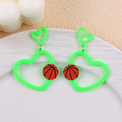 Лайм Акриловые серьги-подвески на спортивную тематику, сердце с баскетболом, желто-зеленые, 57x36 мм