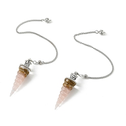 Rose Quartz Resin Dowsing Pendulum Pendants with Natural Rose Quartz Chips inside and Iron Chain & Alloy Caps, Cone Charms, 280mm, Hole: 2mm