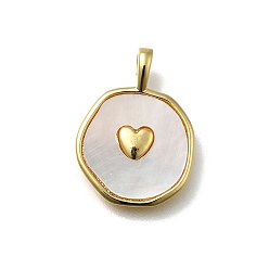 Настоящее золото 18K Подвески из латуни из натуральных ракушек, плоский круглый с сердечками, без кадмия и без свинца, стойки покрытие, долговечный, реальный 18 k позолоченный, 19x14x2 мм, отверстие : 4x2.5 мм