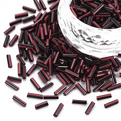 Dark Red Opaque Colours Two Tone Seed Glass Bugle Beads, Round Hole, Round Bugle, Dark Red, 4~8.5x2mm, Hole: 0.6~0.8mm, about 450g/Pound