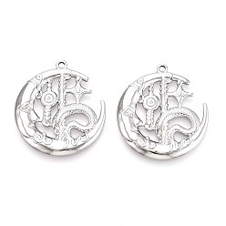 Нержавеющая Сталь Цвет 304 подвески из нержавеющей стали, луна с оберегом дракона, анти-тускнение, цвет нержавеющей стали, 35x32x2.5 мм, отверстие : 2 мм
