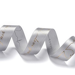 Light Grey Polyester Ribbons, Single Face Printed, Heartbeat & Word Love You Pattern, for DIY Gift Packing, Light Grey, 1 inch(26mm), about 50 yards/roll(45m/roll)