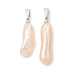 Нержавеющая Сталь Цвет Подвески из натурального барочного жемчуга кеши, подвески-палочки с 201 защелкивающимися креплениями из нержавеющей стали, старинный белый, цвет нержавеющей стали, 23~28x7~8x5~6 мм, отверстие : 6x3 мм