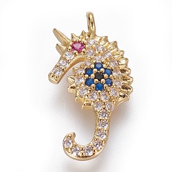 Golden Brass Micro Pave Cubic Zirconia Pendants, Sea Horse, Colorful, Golden, 19x10x2.5mm, Hole: 1.2mm