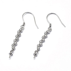 Platinum Rhodium Plated 925 Sterling Silver Dangle Earring Findings, with Cubic Zirconia, For Half Drilled Beads, Clear, Platinum, 40x3mm, 24 Gauge, Pin: 0.5mm
