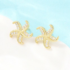 Real 18K Gold Plated Brass Micro Pave Cubic Zirconia Stud Earrings, Starfish, Lead Free & Cadmium Free, Long-Lasting Plated, Rack Plating, Real 18K Gold Plated, 11.5x11.5mm