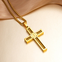 Real 18K Gold Plated Religion 304 Stainless Steel Pendant Necklaces for Men, Cross, Real 18K Gold Plated, 23.62 inch(60cm)