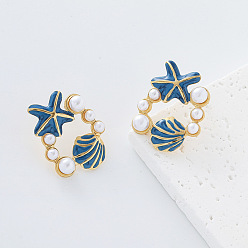 Royal Blue Ocean Theme 304 Stainless Steel Enamel Stud Earrings for Women, Starfish & Shell Shape, with Imitation Pearl, Royal Blue, 24x31mm