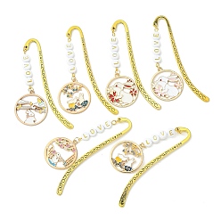 Mixed Color Chinese Style Rabbit Alloy Enamel Pendant Bookmarks, Hook Bookmark with Acrylic Beaded Word LOVE, Mixed Color, 84mm, 6 styles, 1pc/style, 6pcs/set