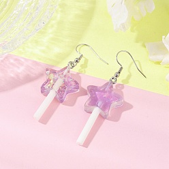 Сливовый Серьги-подвески в виде леденцов из искусственной смолы в форме звезды, с 304 крючками для сережек из нержавеющей стали для женщин, цвет нержавеющей стали, слива, 57.5~60x19.5~20 мм