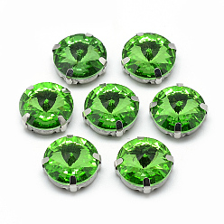 Светло-зеленый Шить на горный хрусталь, многожильных ссылки, стекло горный хрусталь, с настройками латуни, аксессуары для одежды, граненые, плоско-круглые, платина, светло-зеленый, 13x7.5 мм, отверстие : 0.8~1 мм