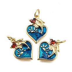 Настоящее золото 18K Латунные микро проложить кубического циркония подвески, с эмалью, сердце с подвесками в виде дельфинов, без свинца и без кадмия, стойки покрытие, долговечный, с целью перехода в кольце, реальный 18 k позолоченный, 19.5x12x2 мм, отверстие : 3 мм