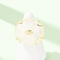 Quartz Crystal Natural Quartz Crystal Cuff Rings, Round, Brass Micro Pave Cubic Zirconia Cuff Open Rings, Faceted, Golden, US Size 8 1/2(18.5mm)
